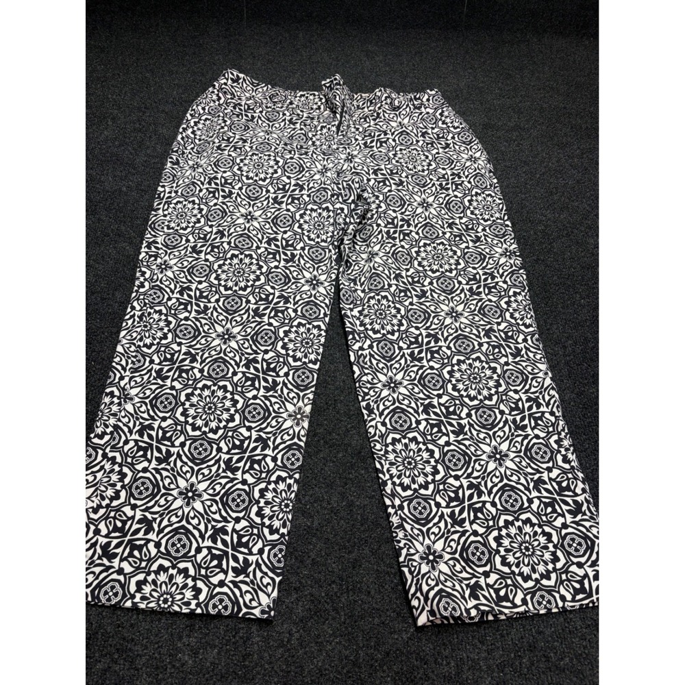 Dressbarn Womens 12 Black White Medallion Tile Print Wide Leg Cotton Blend Pants